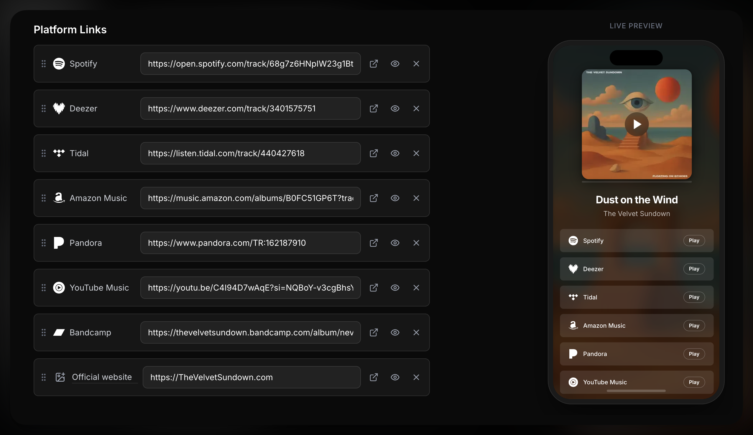 Smart Links — platform links editor with live preview