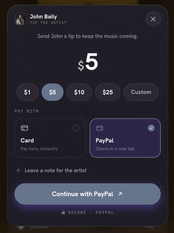 Tip Jar widget showing a fan choosing a tip amount and paying with card or PayPal